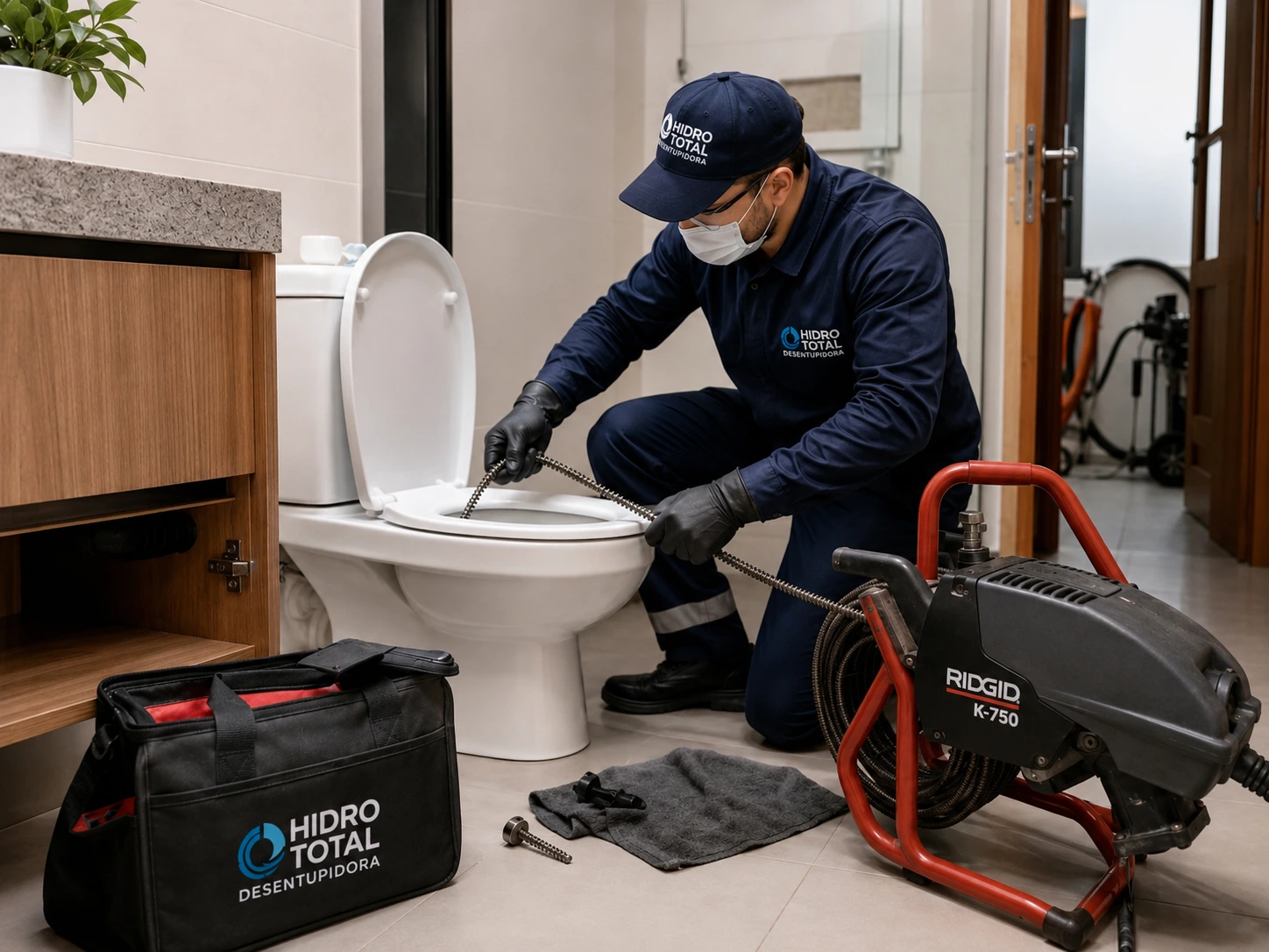 Técnico da HidroTotal desentupindo vaso sanitário em banheiro de cliente em Curitiba