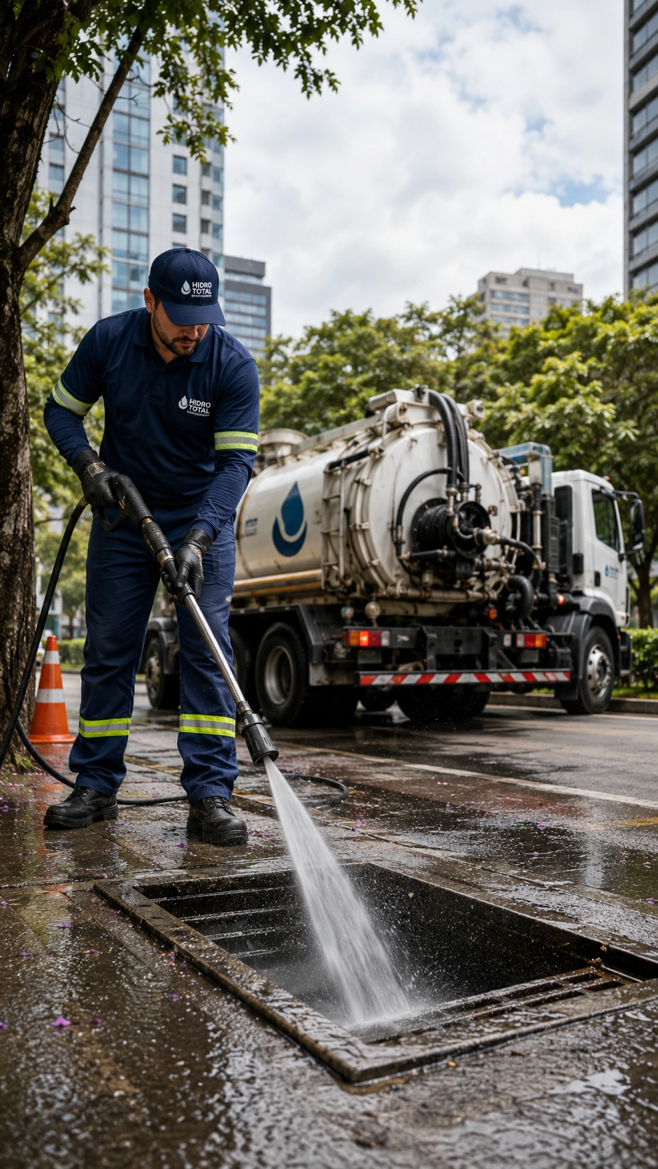 Equipe da HidroTotal desobstruindo linha de esgoto na rua em Curitiba