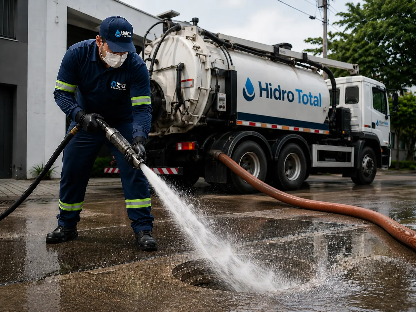 Técnico da HidroTotal fazendo hidrojateamento de tubulação em Curitiba, com caminhão da empresa ao fundo