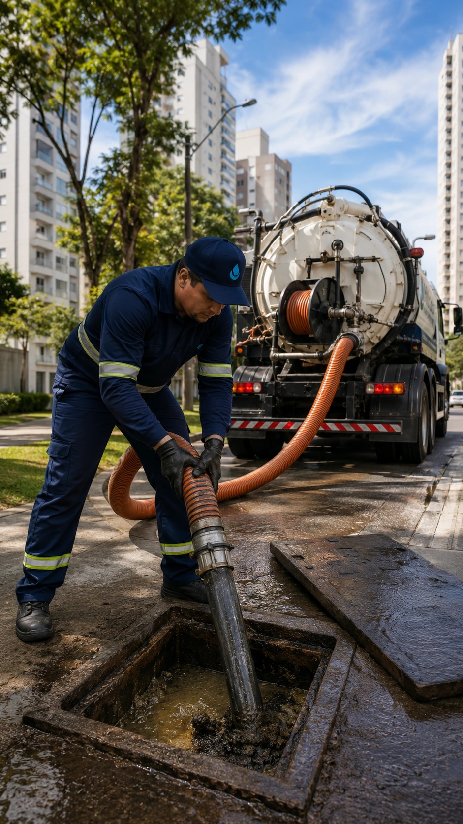 Técnico da HidroTotal esgotando fossa com caminhão hidrovácuo em condomínio de Curitiba