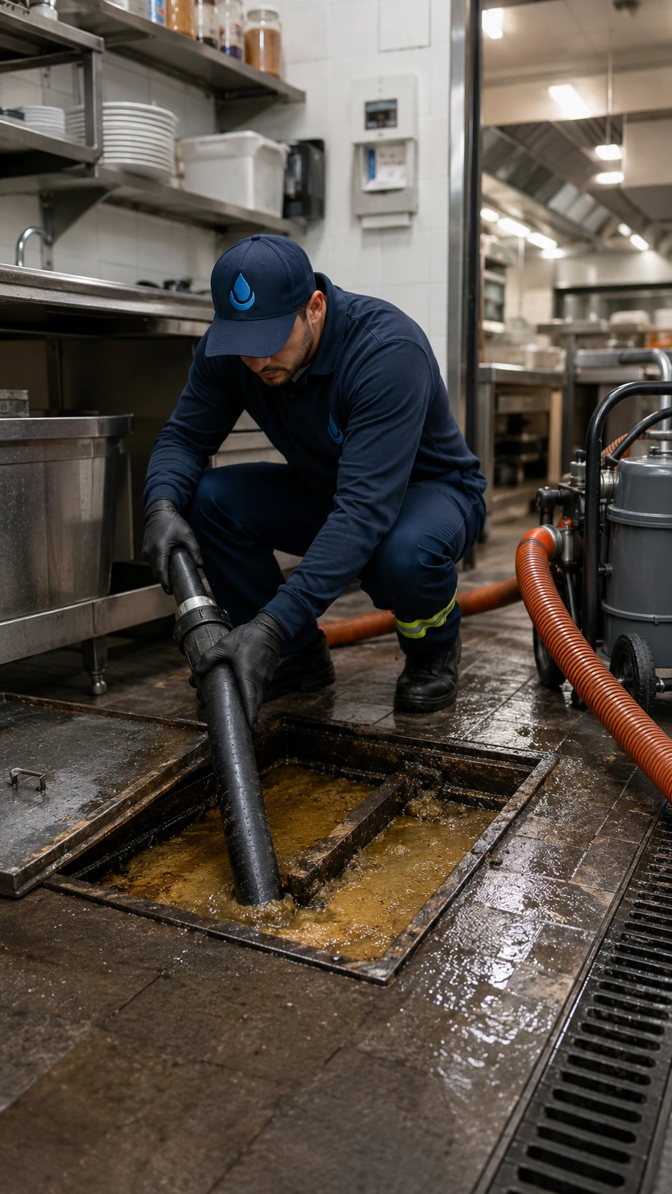 Técnico da HidroTotal fazendo limpeza de caixa de gordura em cozinha industrial de Curitiba