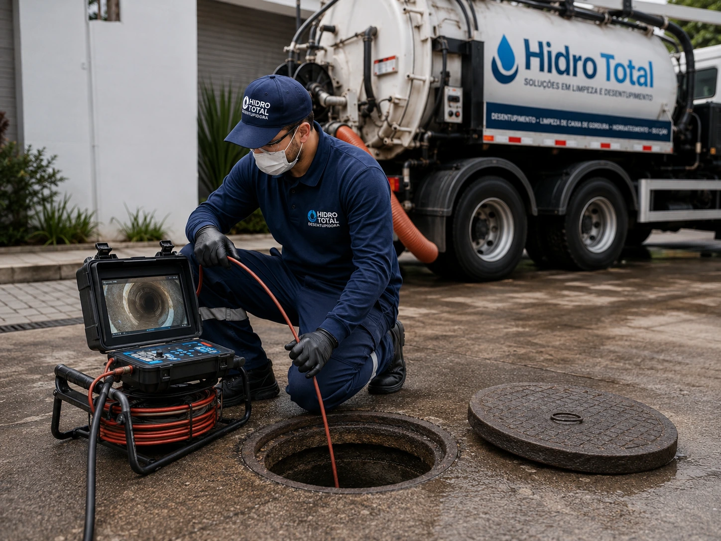 Técnico da HidroTotal operando câmera de videoinspeção de tubulação com monitor mostrando o interior do cano