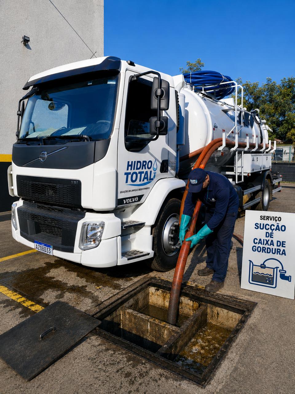 Caminhão de sucção da HidroTotal esgotando caixa de inspeção de esgoto em Curitiba